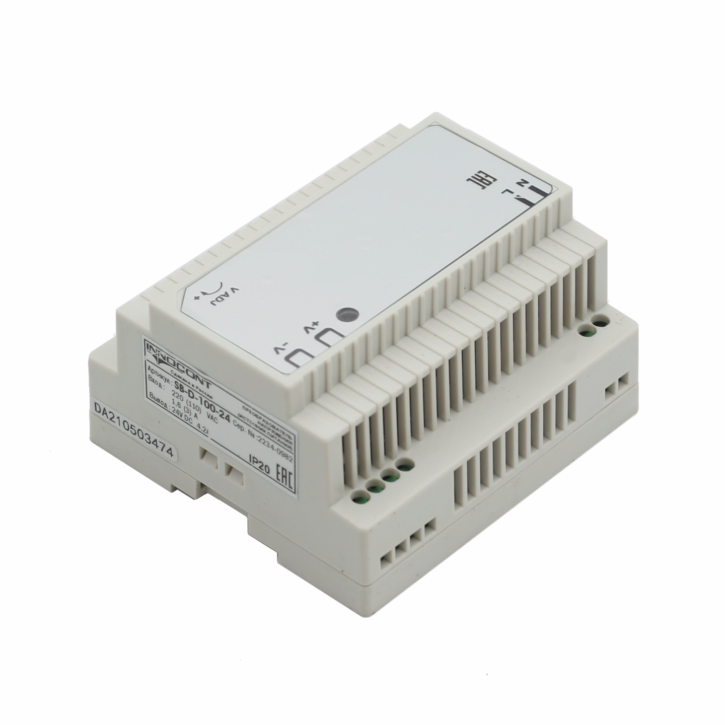 Источник питания INNOCONT. Вход: 220VAC, 1.6А, выход: 100W, 24VDC, 4.2A, типы защиты: КЗ, перегрузка,-10 +50С, IP20, перенапряжение SB-D-100-24