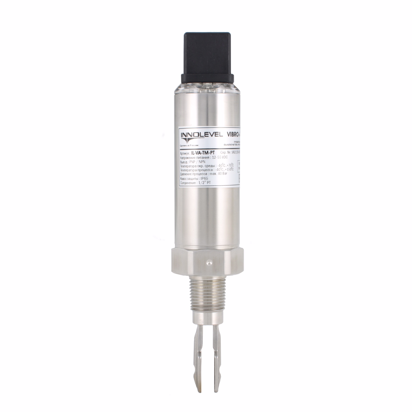 Вибрационный датчик уровня жидкостей INNOLEVEL, -40 +150°С, Pmax=40 bar, 12 - 55 VDC, IP65, соединение- резьба 1/2'' PT(коническая), удлинение 40 мм, нерж. сталь 316L