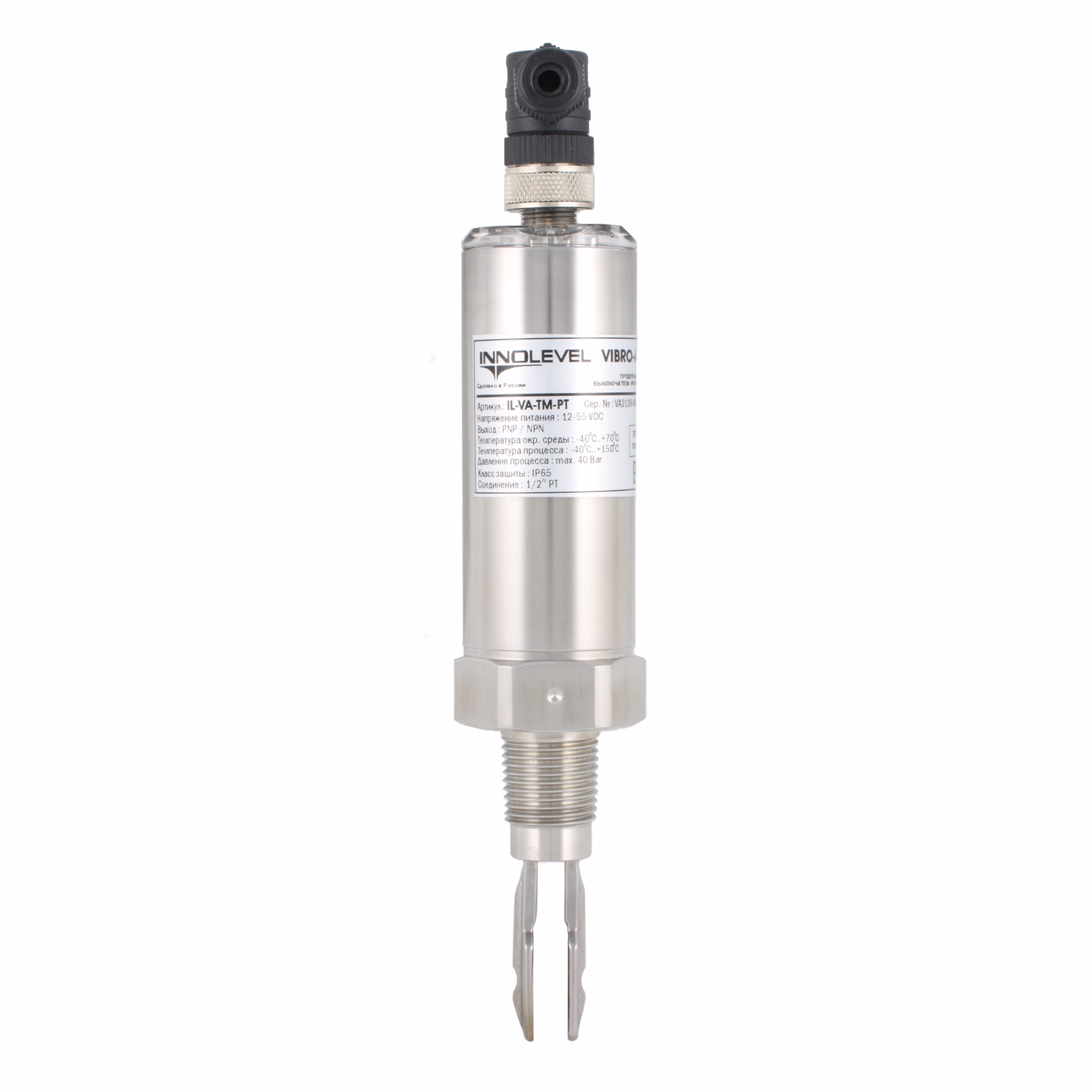 Вибрационный датчик уровня жидкостей INNOLEVEL, -40 +150°С, Pmax=40 bar, 12 - 55 VDC, IP65/67, соединение- резьба 1/2'' PT(коническая), удлинение 40 мм, нерж. сталь 316LP