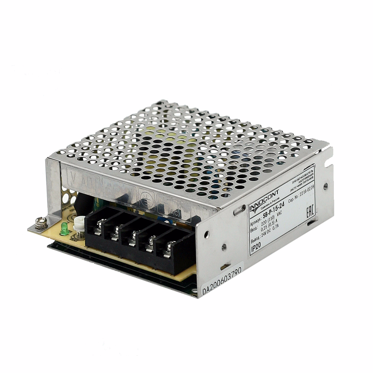 Источник питания INNOCONT. Вход: 220VAC, 0.25А, выход 15W, 24VDC, 0.7A, -10+50С, IP20, типы защиты: КЗ, перегрузка, перенапряжение SB-P-15-24
