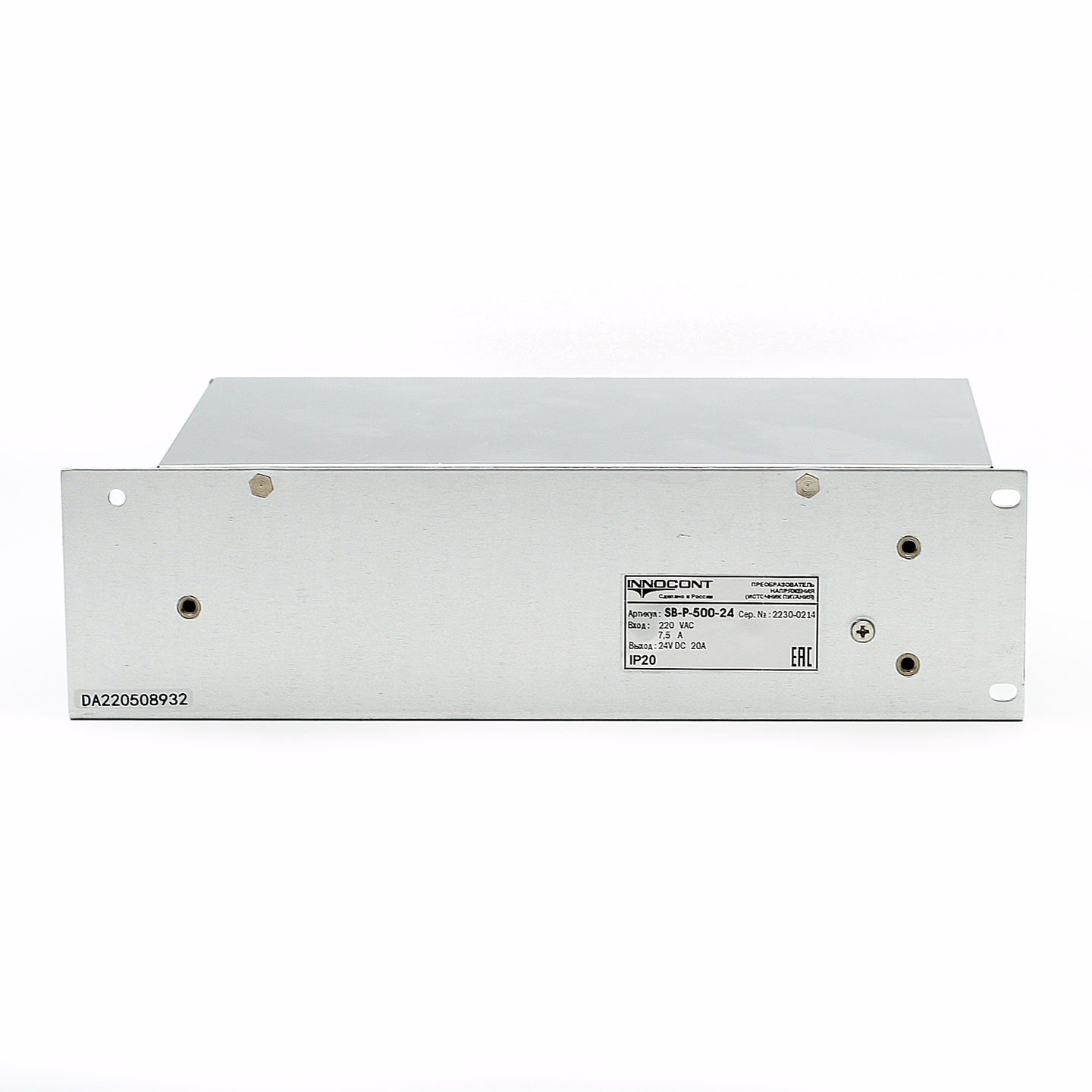 Источник питания INNOCONT. Вход: 220VAC, 5А, выход: 500W, 24VDC, 20A, -10 +50С, IP20, типы защиты: КЗ, перегрузка, перенапряжение SB-P-500-24