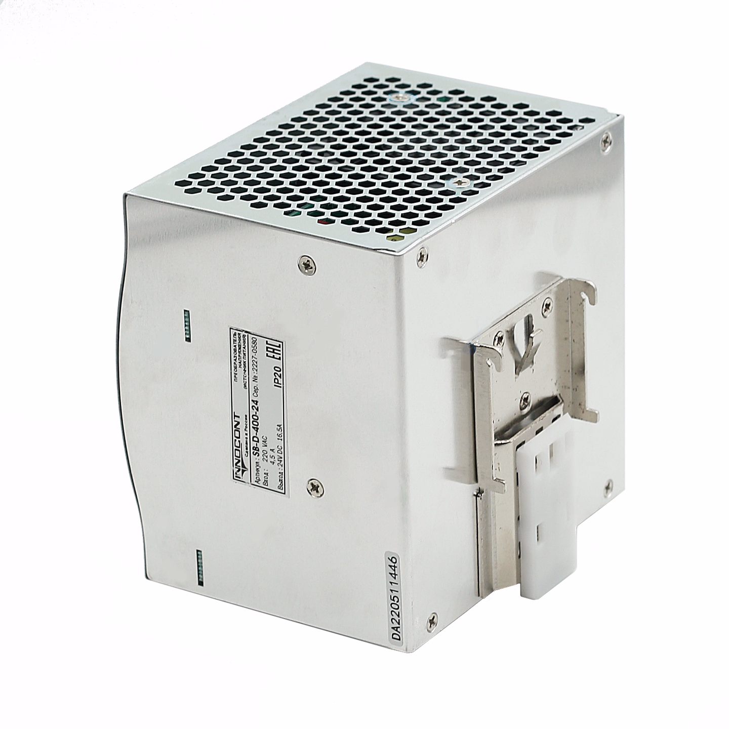 Источник питания INNOCONT на DIN-рейку, -10 +50С, IP20, вход: 220VAC, 4.5А, выход: 400W, 24VDC, 16.5A, типы защиты: КЗ, перегрузка, перенапряжение SB-D-400-24