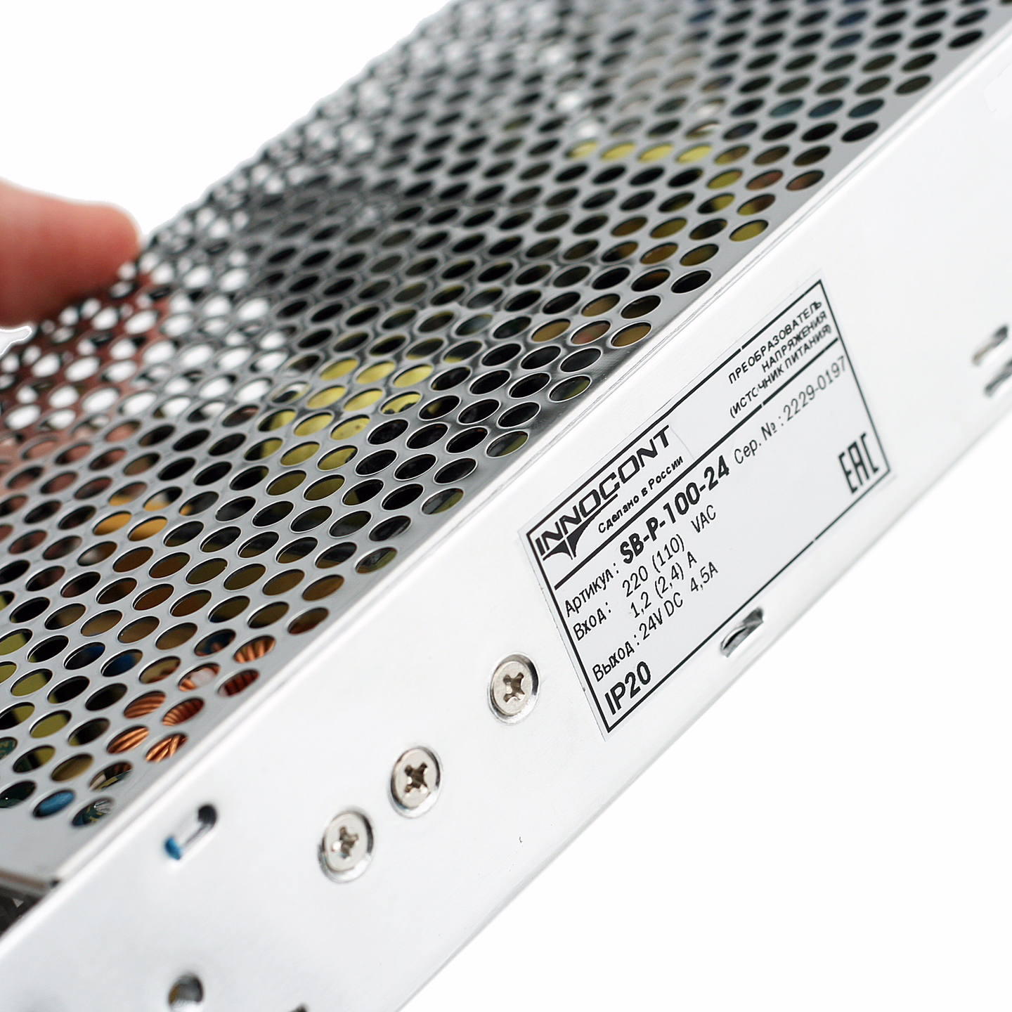 Источник питания INNOCONT. Вход: 220VAC, 1.2А, выход: 100W, 24VDC, 4.5A, -10 +50С, IP20,типы защиты: КЗ, перегрузка, перенапряжение SB-P-100-24