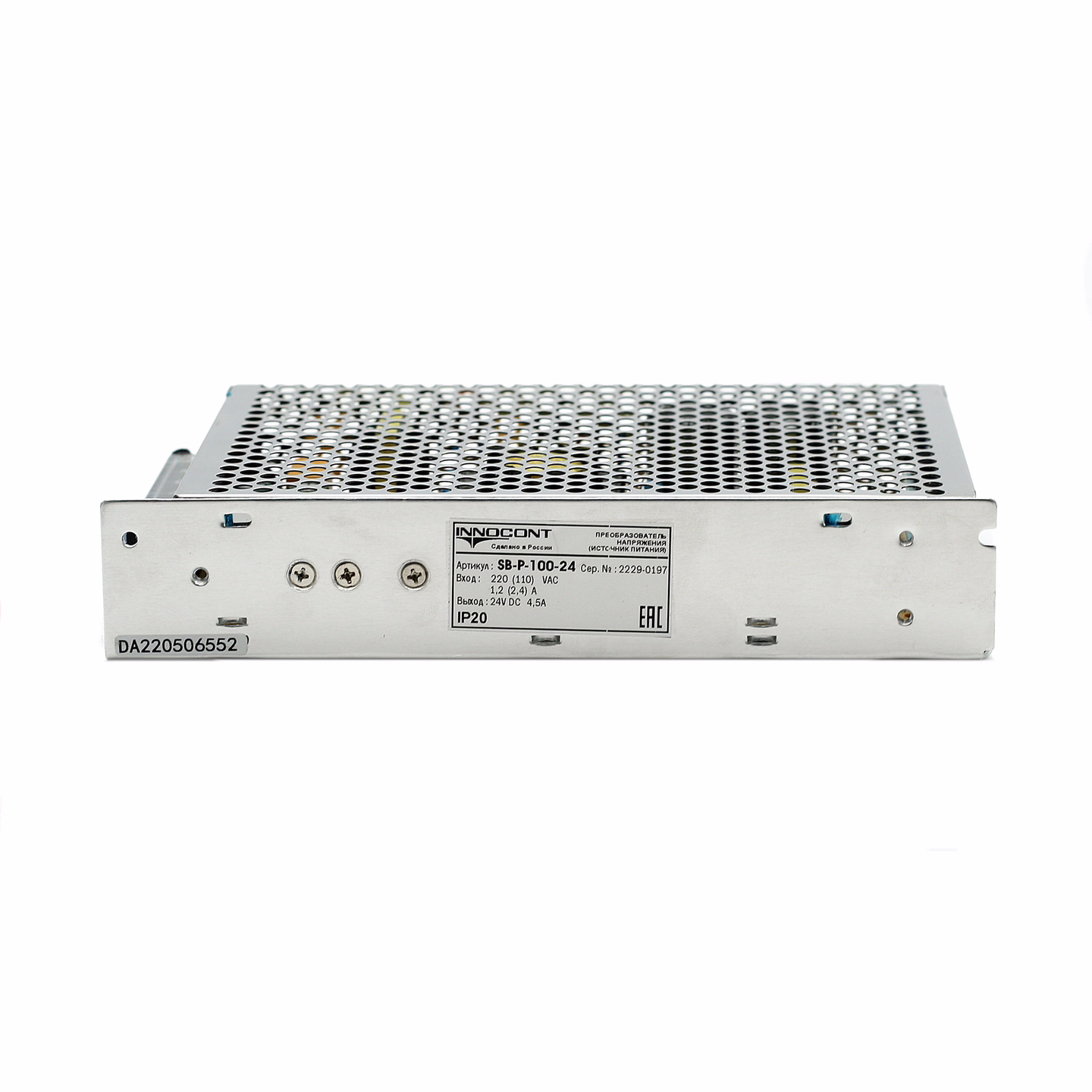 Источник питания INNOCONT. Вход: 220VAC, 1.2А, выход: 100W, 24VDC, 4.5A, -10 +50С, IP20,типы защиты: КЗ, перегрузка, перенапряжение SB-P-100-24