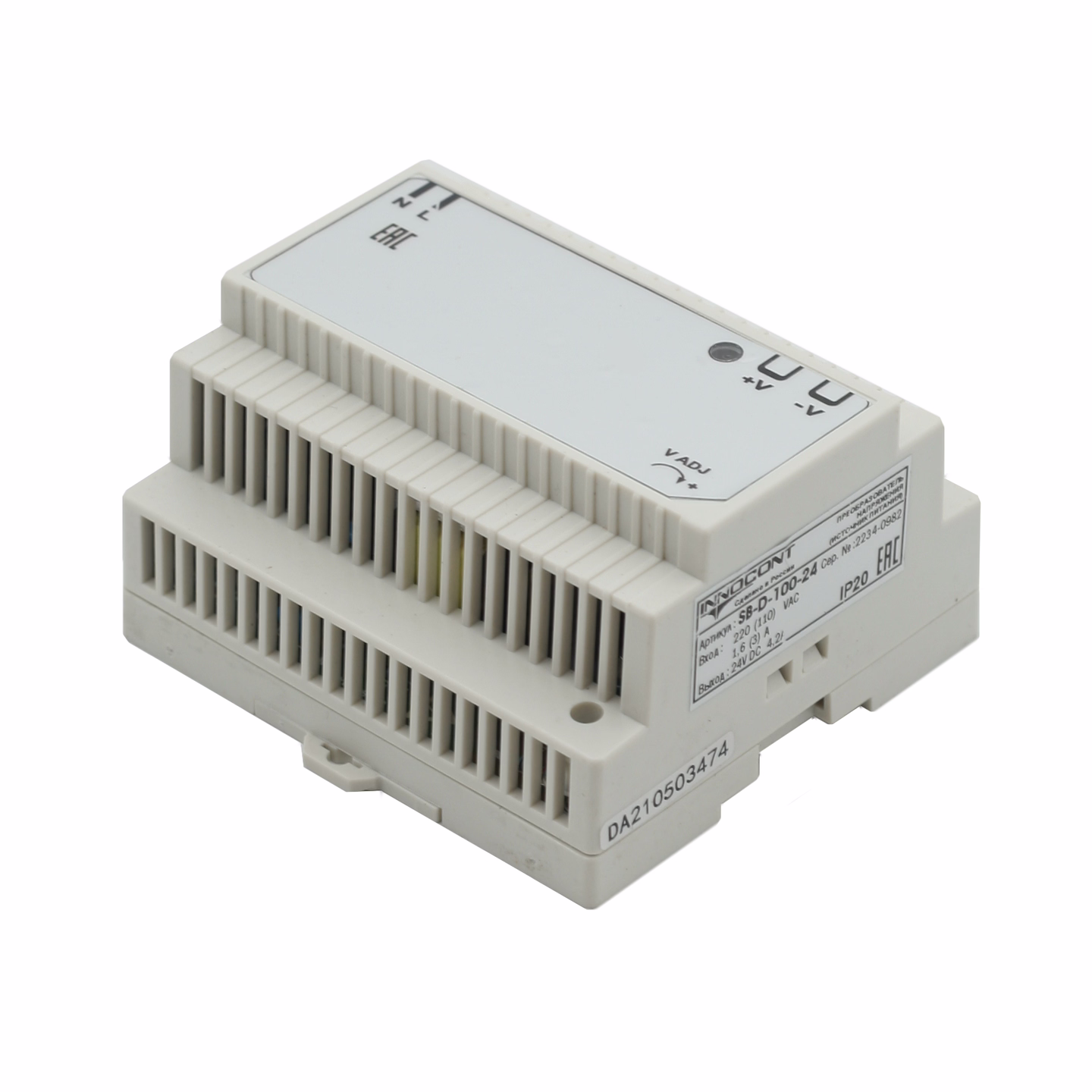 Источник питания INNOCONT. Вход: 220VAC, 1.6А, выход: 100W, 24VDC, 4.2A, типы защиты: КЗ, перегрузка,-10 +50С, IP20, перенапряжение SB-D-100-24