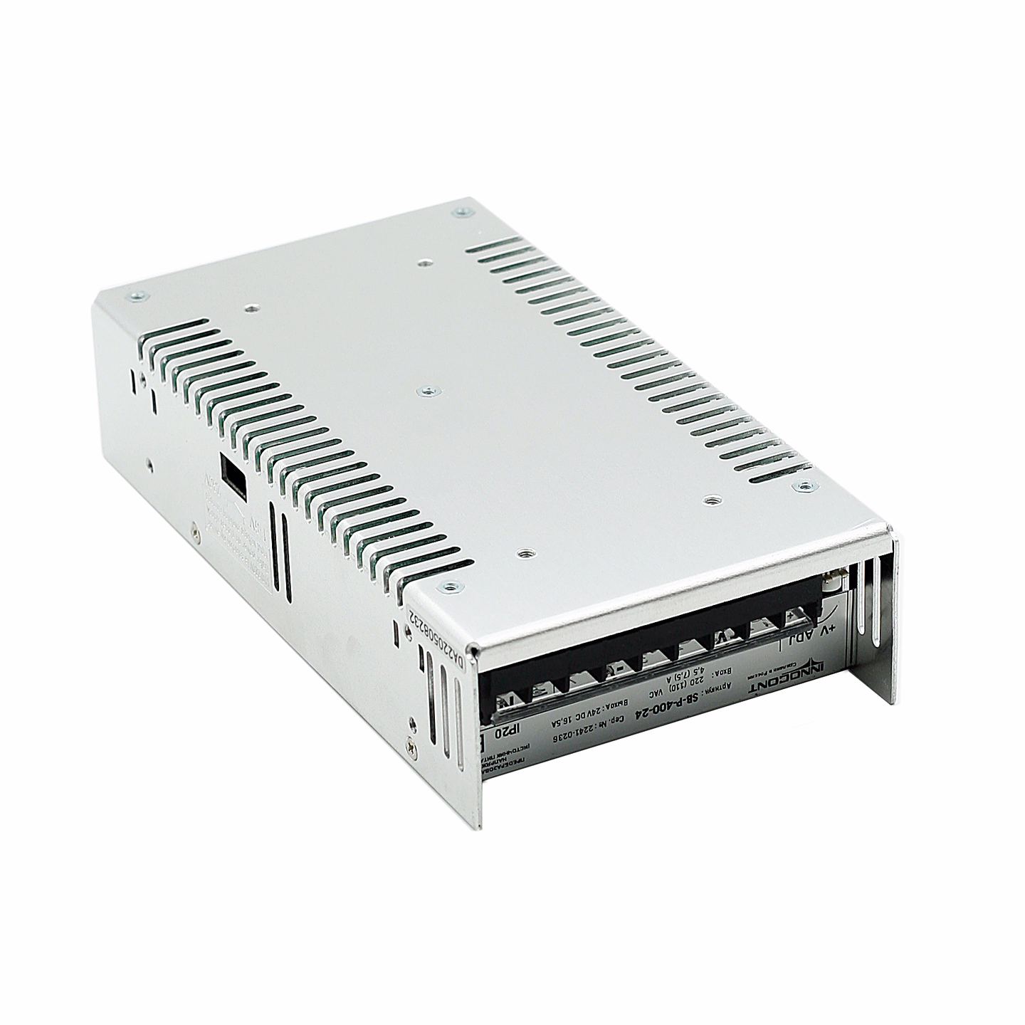 Источник питания INNOCONT. Вход: 220VAC, 4.5А, выход: 400W, 24VDC, 16.5A, -10 +50С, IP20,типы защиты: КЗ, перегрузка, перенапряжение SB-P-400-24