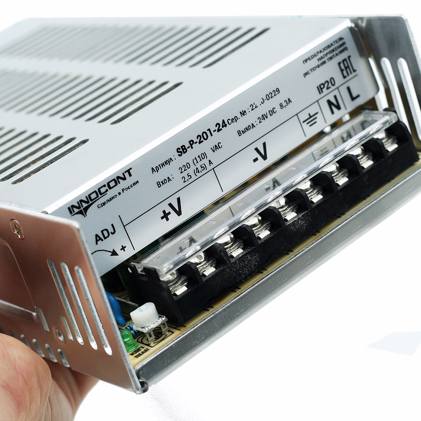 Источник питания INNOCONT. Вход: 220VAC, 2.5А, выход: 200W, 24VDC, 8.3A, -10 +50С, IP20 типы защиты: КЗ, перегрузка, перенапряжение SB-P-201-24