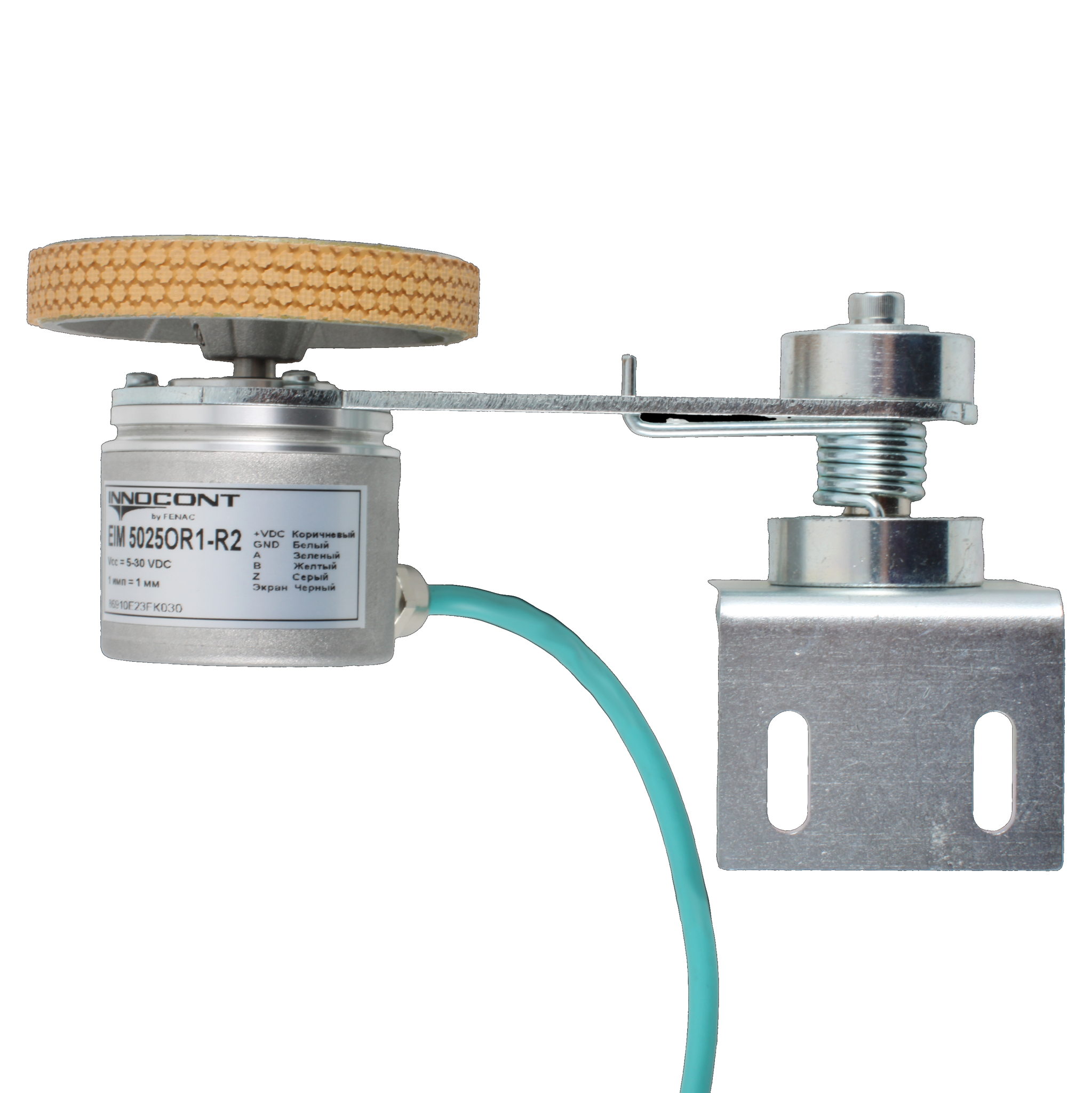 Инкрементальный энкодер INNOCONT D=50мм с мерным колесом L=250мм, контактная поверхность - резина, профиль ребристый, 1имп/0,5мм, 5…30VDC, выход HTL, IP64, -20…+85°C, радиальный кабель 2м