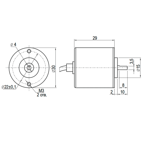 Инкрементальный энкодер INNOCONT D=30мм, выступающий вал 4мм, 500 имп/об, 5VDC, выход TTL, IP54, -20…+80°C, аксиальный кабель 2м