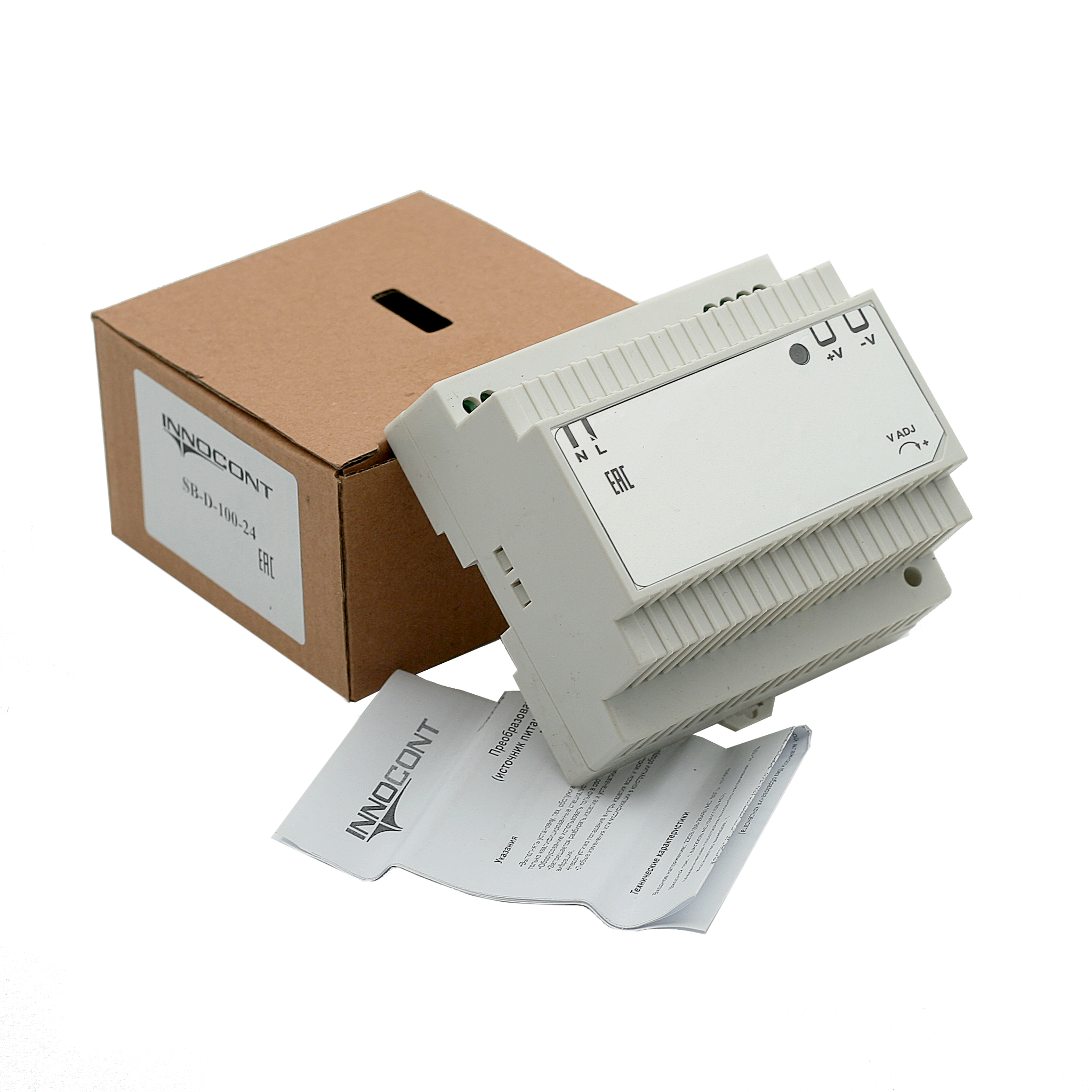 Источник питания INNOCONT. Вход: 220VAC, 1.6А, выход: 100W, 24VDC, 4.2A, типы защиты: КЗ, перегрузка,-10 +50С, IP20, перенапряжение SB-D-100-24