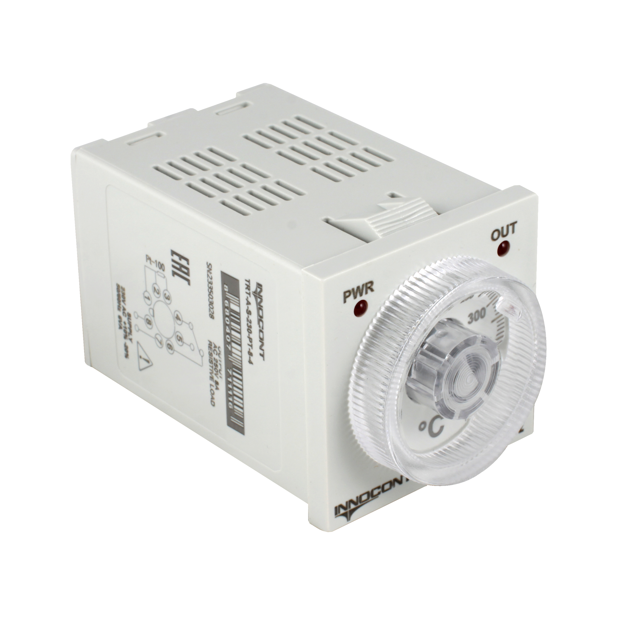 Температурный контроллер INNOCONT с аналоговым управлением, 48х48х82 мм,вход Pt100, 0...400C, выход реле, ON/OFF, 230VAC, электросоединение под розетку 8pin