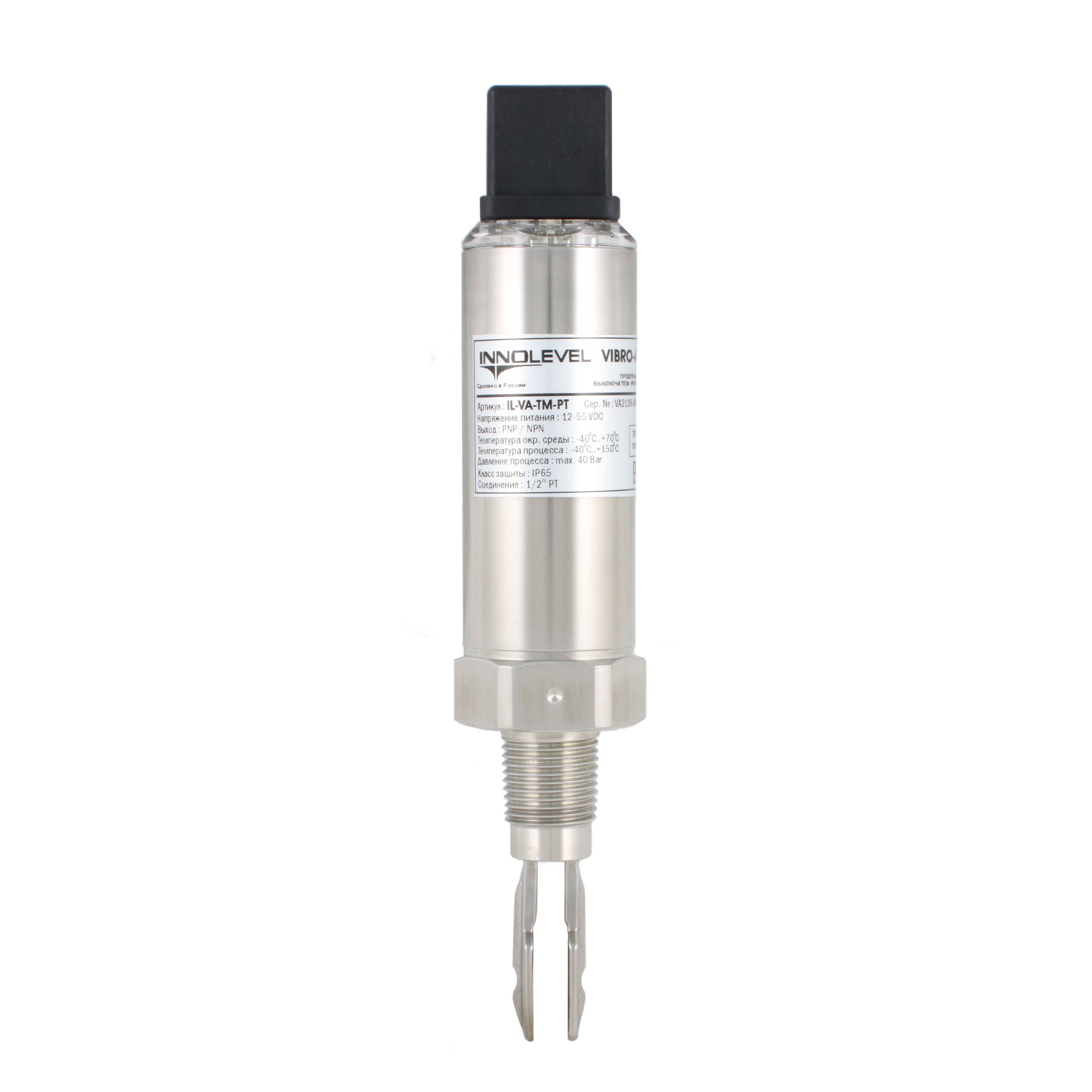 Вибрационный датчик уровня жидкостей INNOLEVEL, -40 +150°С, Pmax=40 bar, 12 - 55 VDC, IP65, соединение- резьба 1/2'' PT(коническая), удлинение 40 мм, нерж. сталь 316L