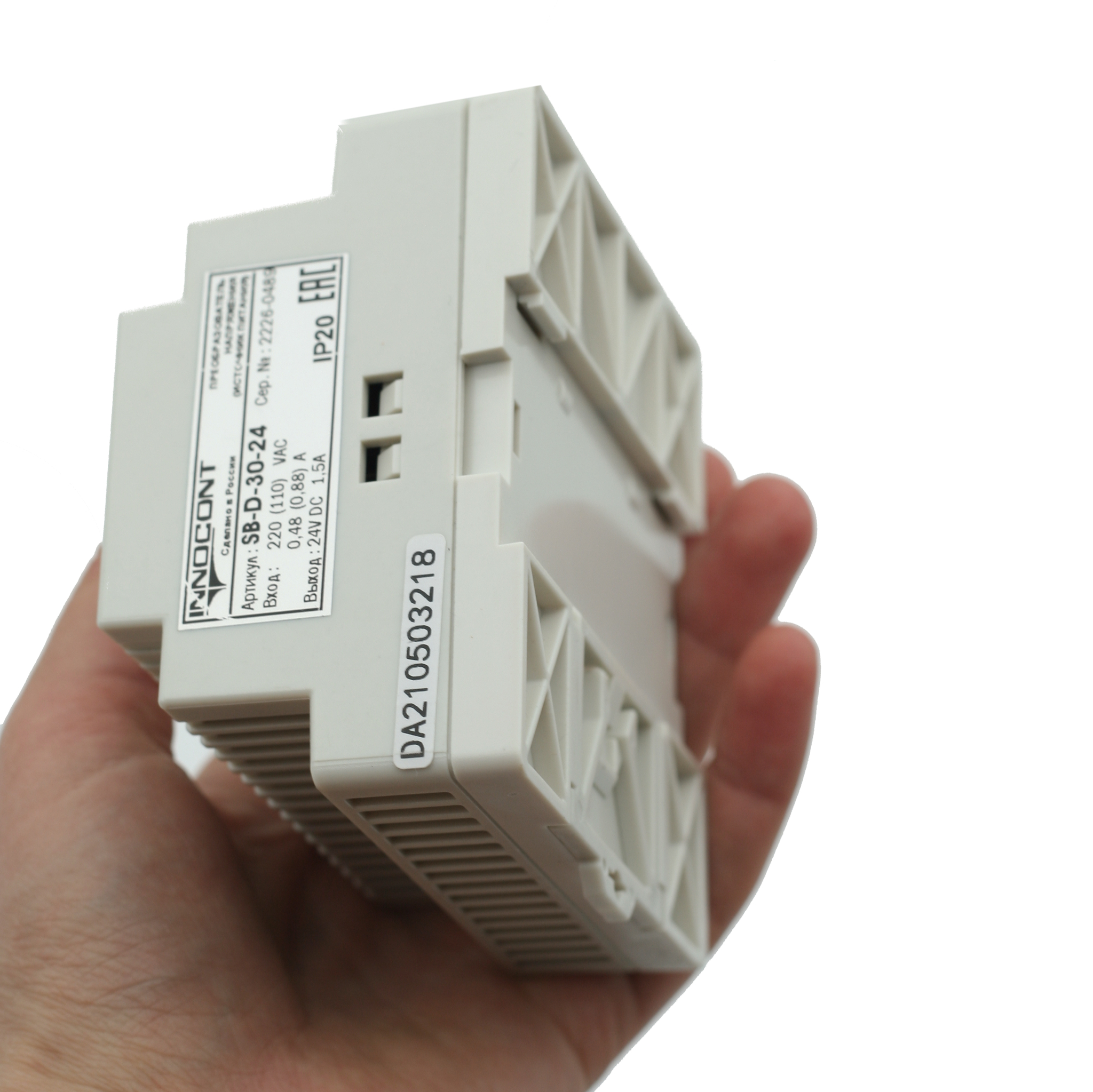 Источник питания INNOCONT. Вход: 220VAC, 0.48А, выход: 30W, 24VDC, 1.5A, -10 +50С, IP20, типы защиты: КЗ, перегрузка, перенапряжение SB-D-30-24