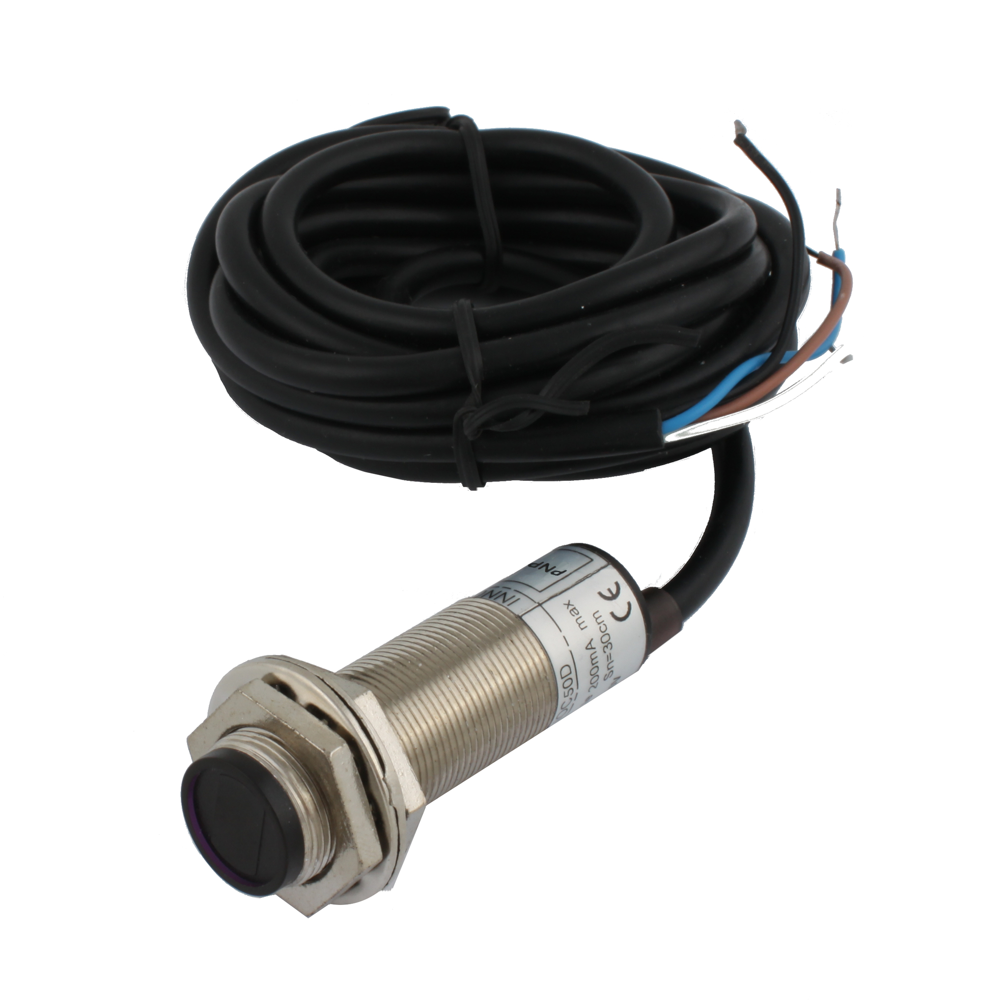 Фотодатчик диффузионный INNOCONT, М18x1, зона срабатывания до 50 см, -10 +60 С, 12…24 VDC, IP67, выход: PNP NO + NC, макс. ток 200 мА, время реакции 3 мс, кабель 2 м PES-D18-POC50D (cable)