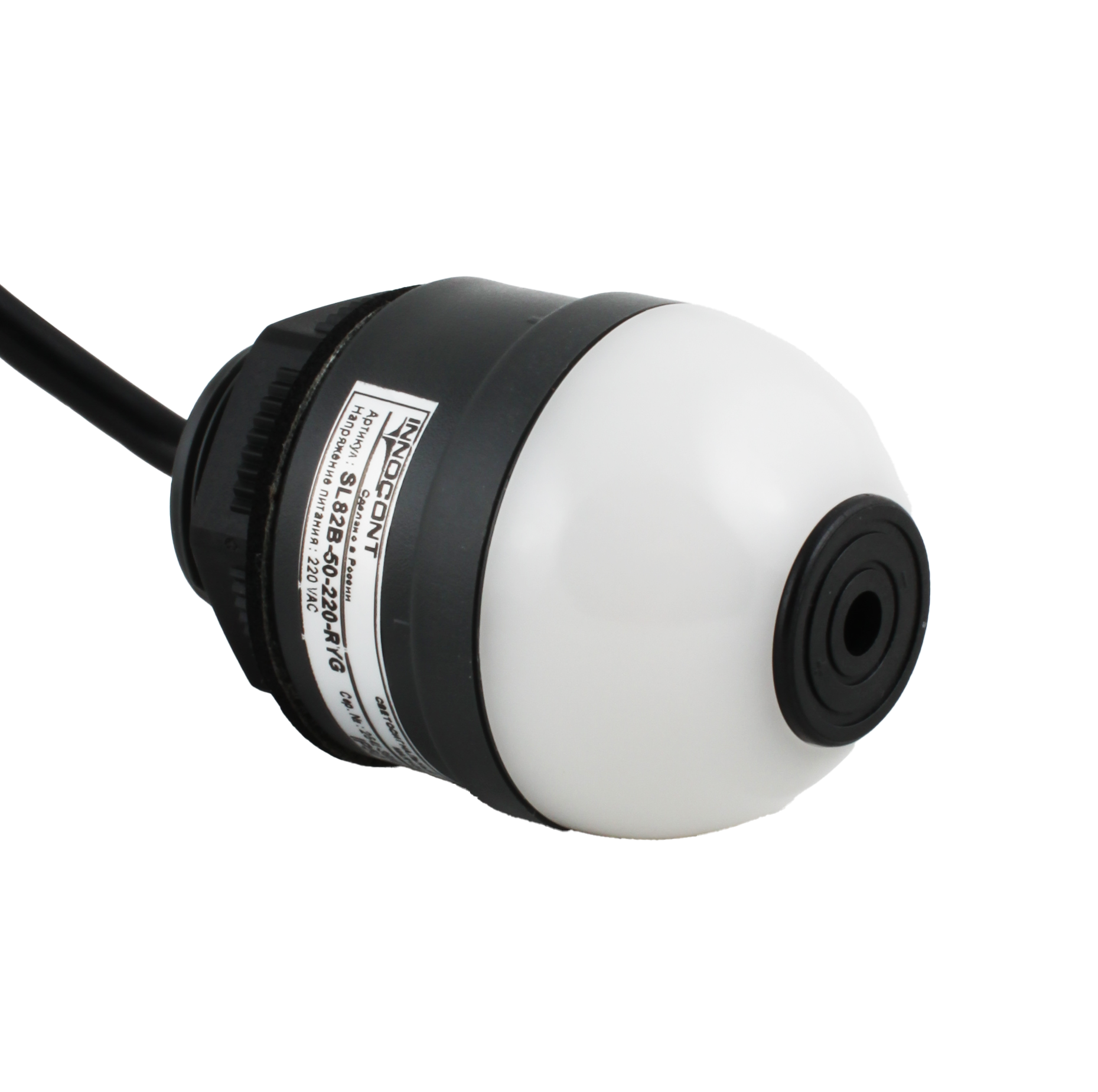 Светосигнальный маячок INNOCONT, d=50мм, L=58мм, три цвета (постоянное свечение): красный, желтый, зеленый, 220VАC, IP50, зуммер, кабель 1м