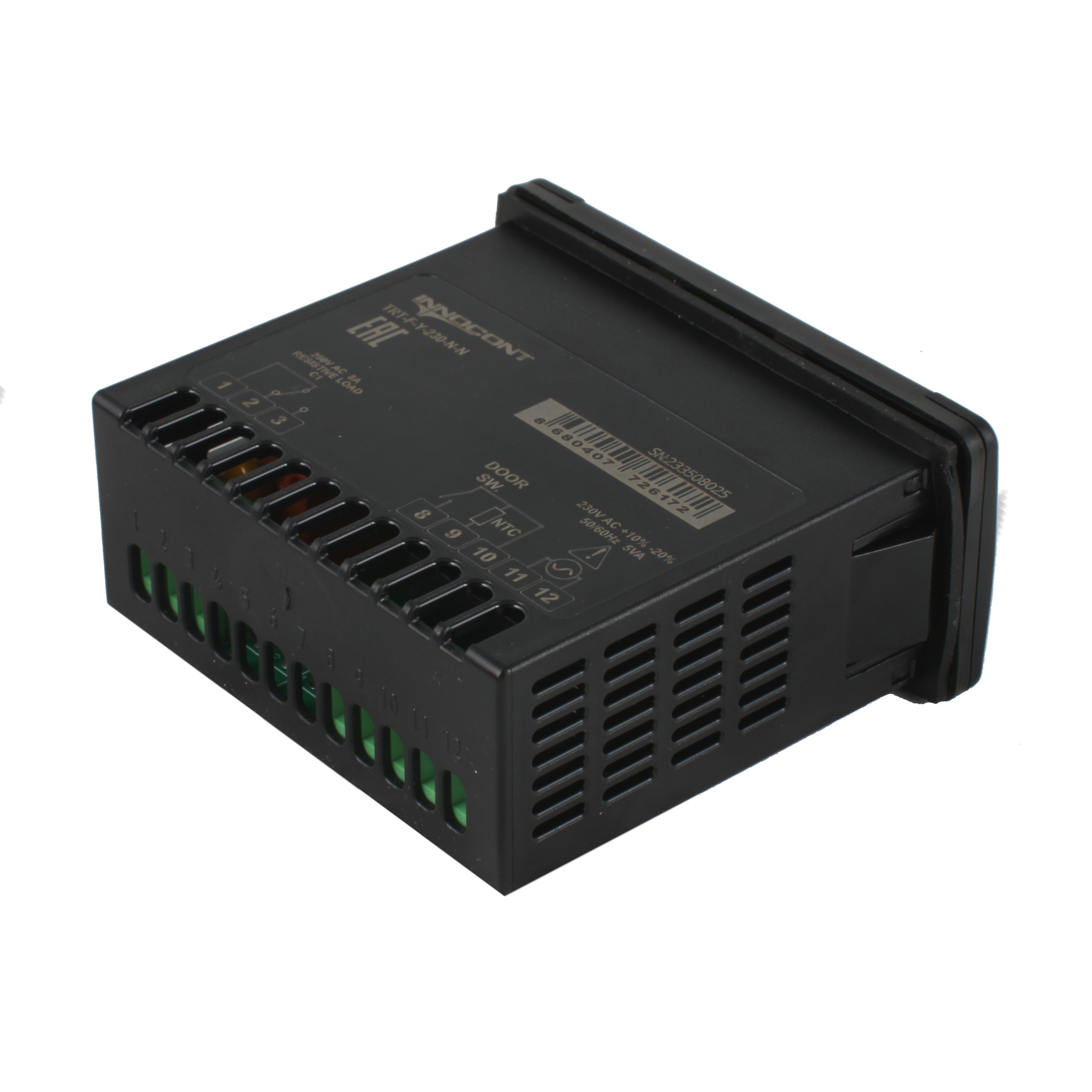 Температурный контроллер INNOCONT для управления охлаждением/размораживанием, 4 разряда, 77х35х61 мм, 2xNTC, выходы реле на компрессор, охладитель и испаритель, ON/OFF, 230VAC, встроенный фиксатор