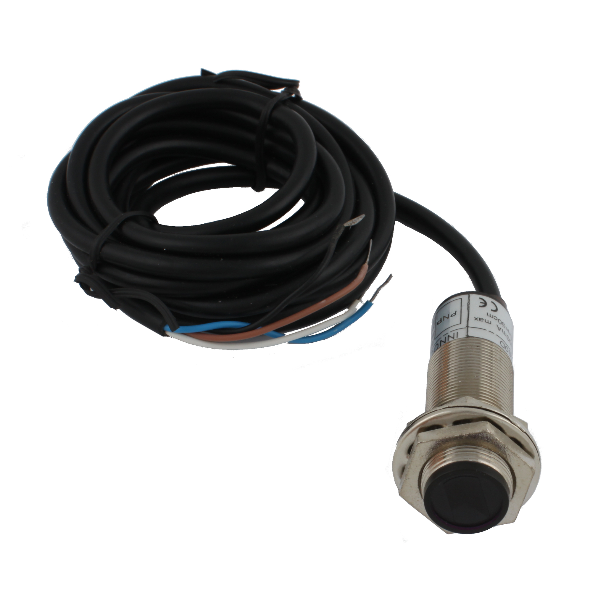 Фотодатчик диффузионный INNOCONT, М18x1, зона срабатывания до 50 см, -10 +60 С, 12…24 VDC, IP67, выход: PNP NO + NC, макс. ток 200 мА, время реакции 3 мс, кабель 2 м PES-D18-POC50D (cable)