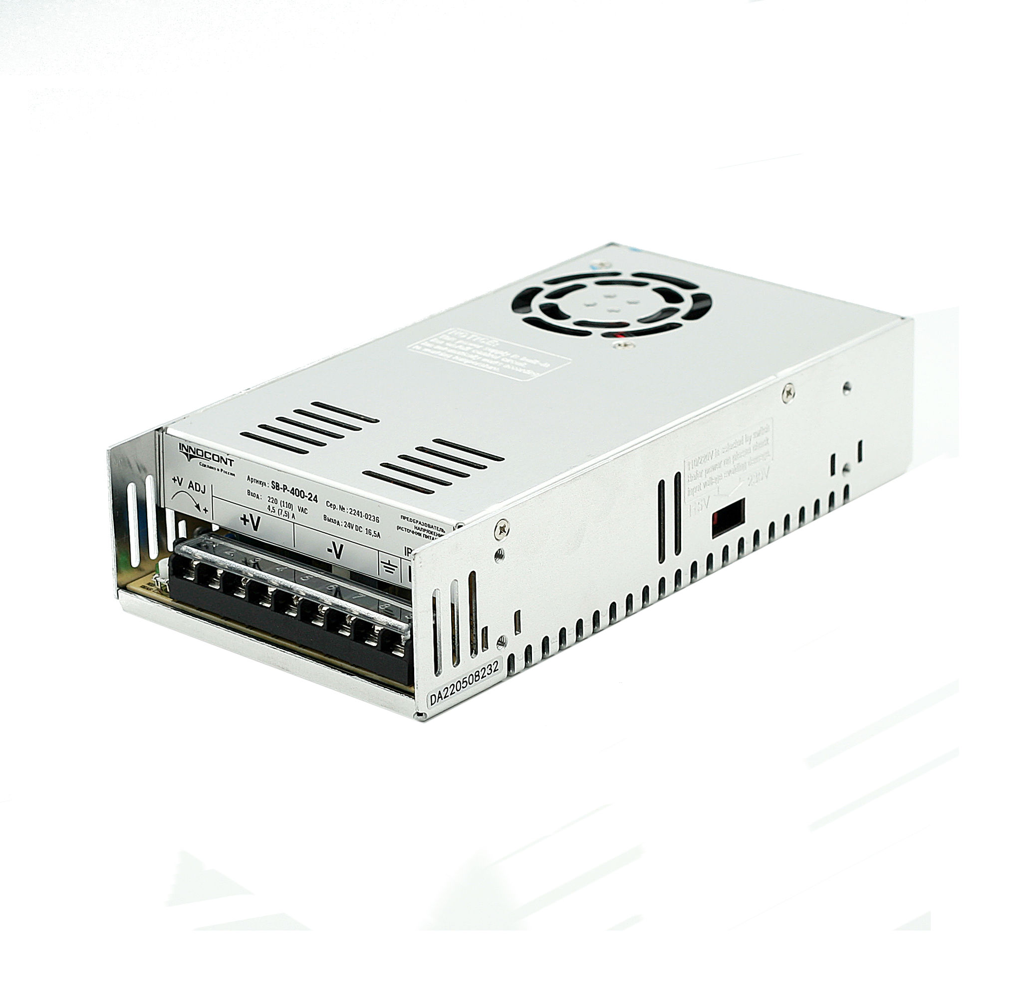 Источник питания INNOCONT. Вход: 220VAC, 4.5А, выход: 400W, 24VDC, 16.5A, -10 +50С, IP20,типы защиты: КЗ, перегрузка, перенапряжение SB-P-400-24