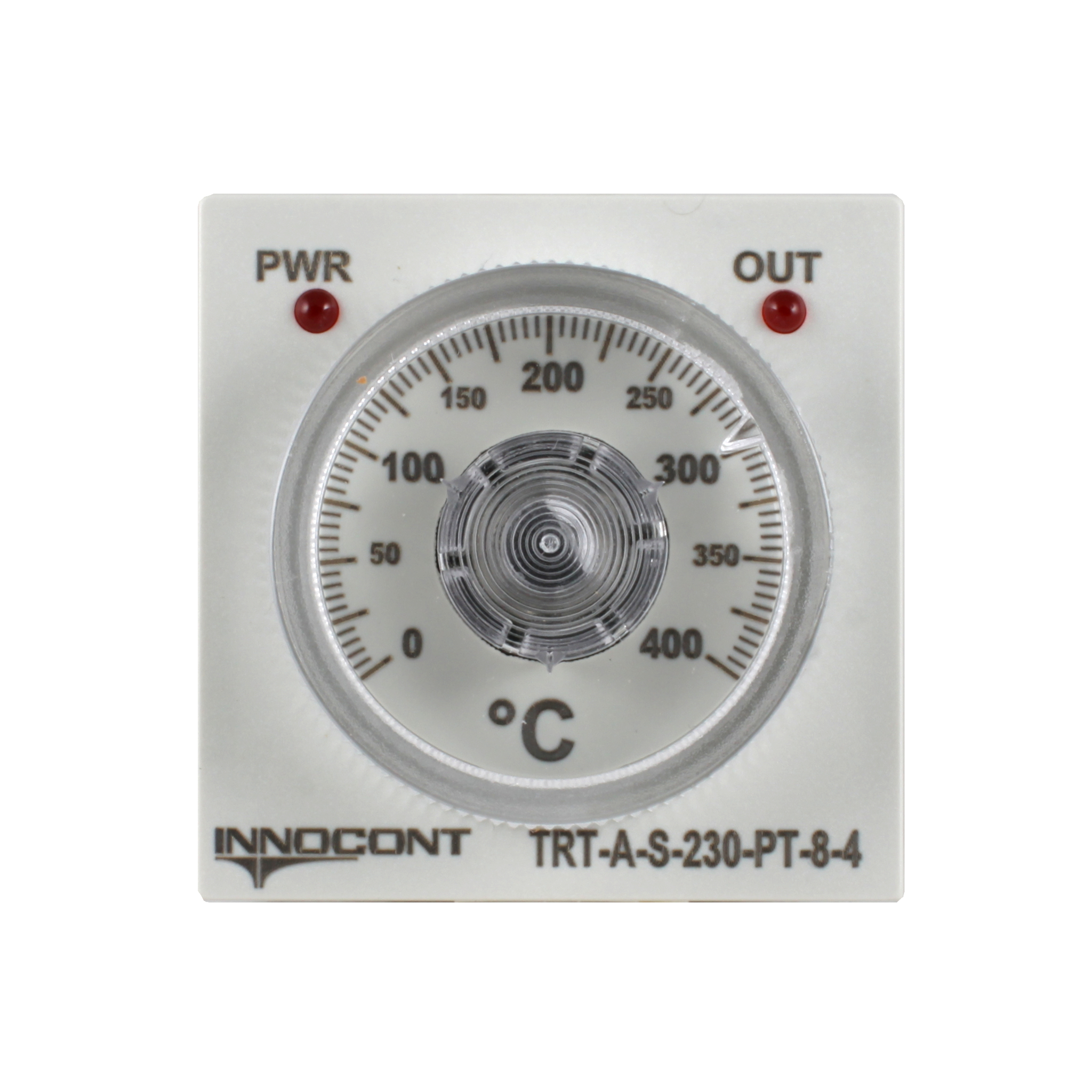 Температурный контроллер INNOCONT с аналоговым управлением, 48х48х82 мм,вход Pt100, 0...400C, выход реле, ON/OFF, 230VAC, электросоединение под розетку 8pin