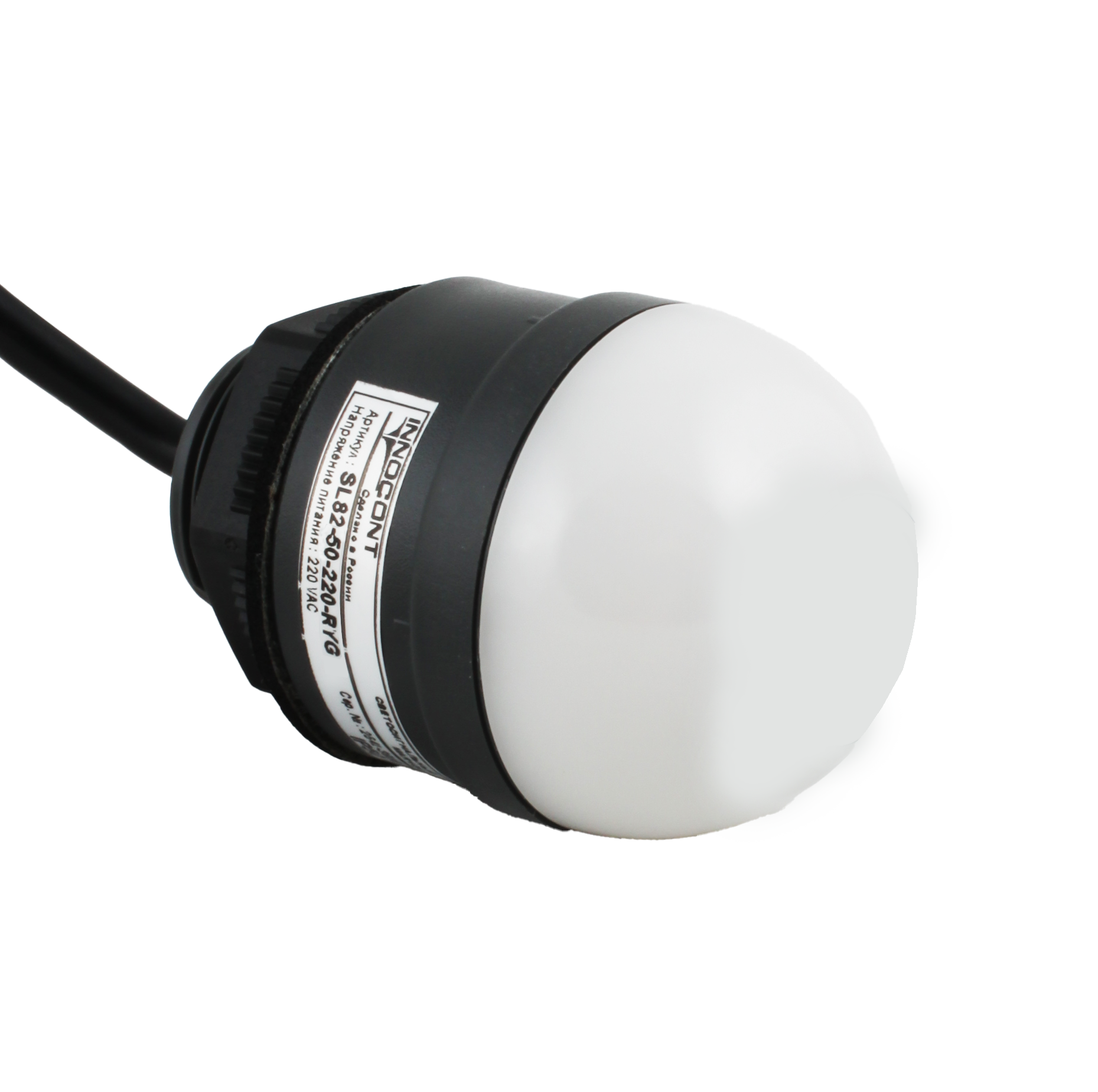 Светосигнальный маячок INNOCONT, d=50мм, L=58мм, три цвета (постоянное свечение): красный, желтый, зеленый, 220VАC, IP54, кабель 1м