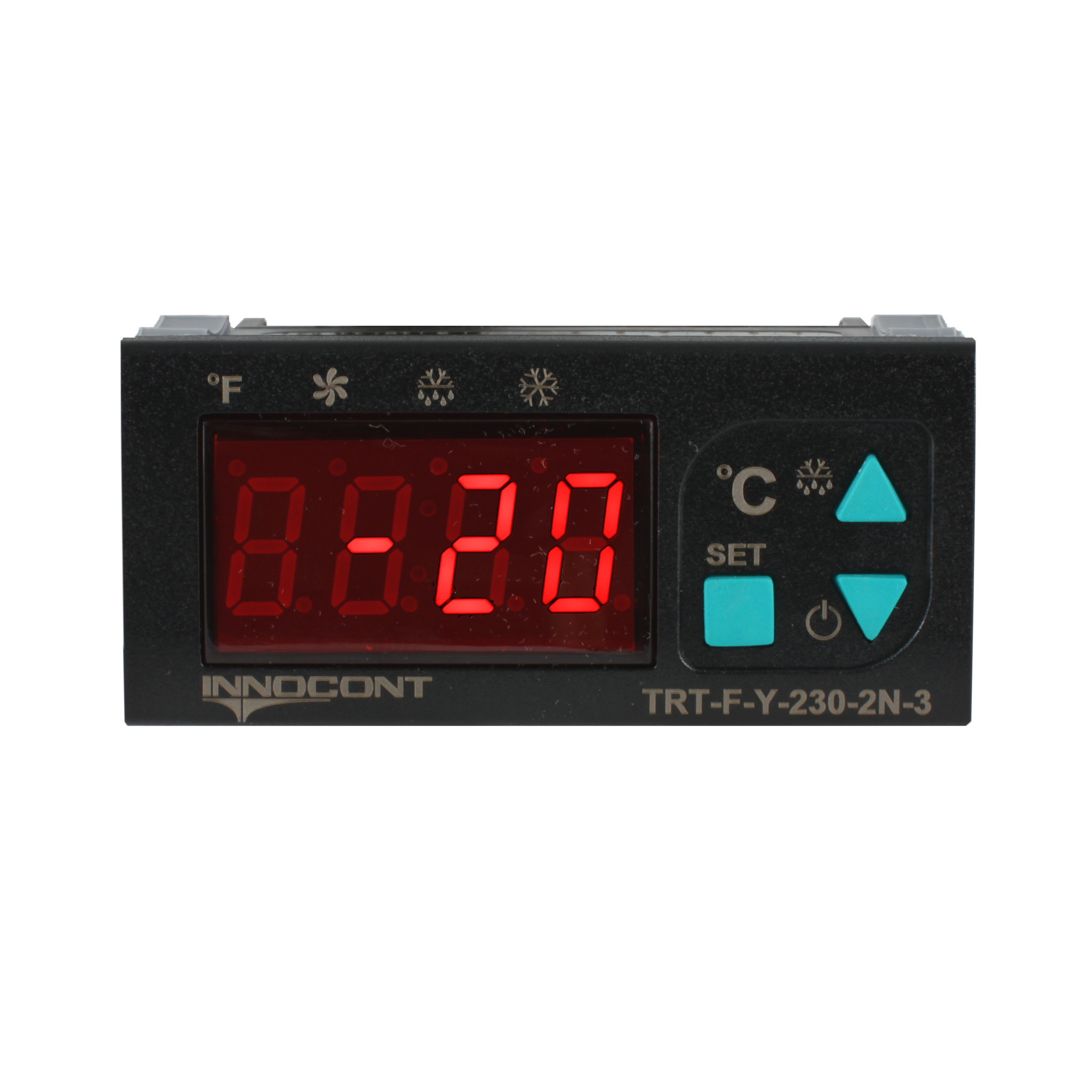 Температурный контроллер INNOCONT для управления охлаждением/размораживанием, 4 разряда, 77х35х61 мм, NTC, выходы реле на компрессор и охладитель, ON/OFF, 230VAC, комплектный фиксатор