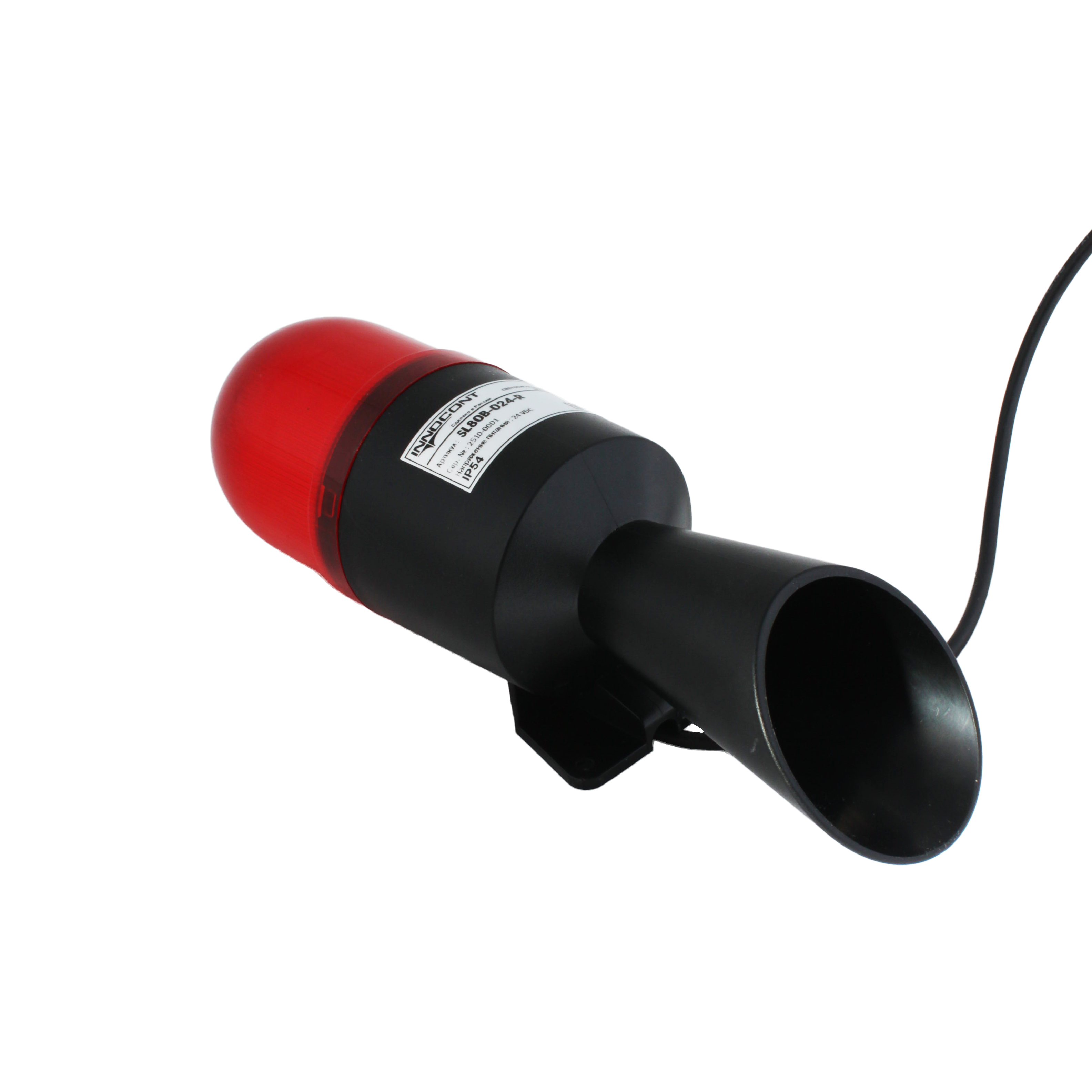 Светосигнальный маячок с усиленным звуком INNOCONT, диаметр основания 70мм, L=245мм, светодиод(мигающее), зуммер 100дБ, цвет: красный, 220VAC, IP54. кабель 0,7м
