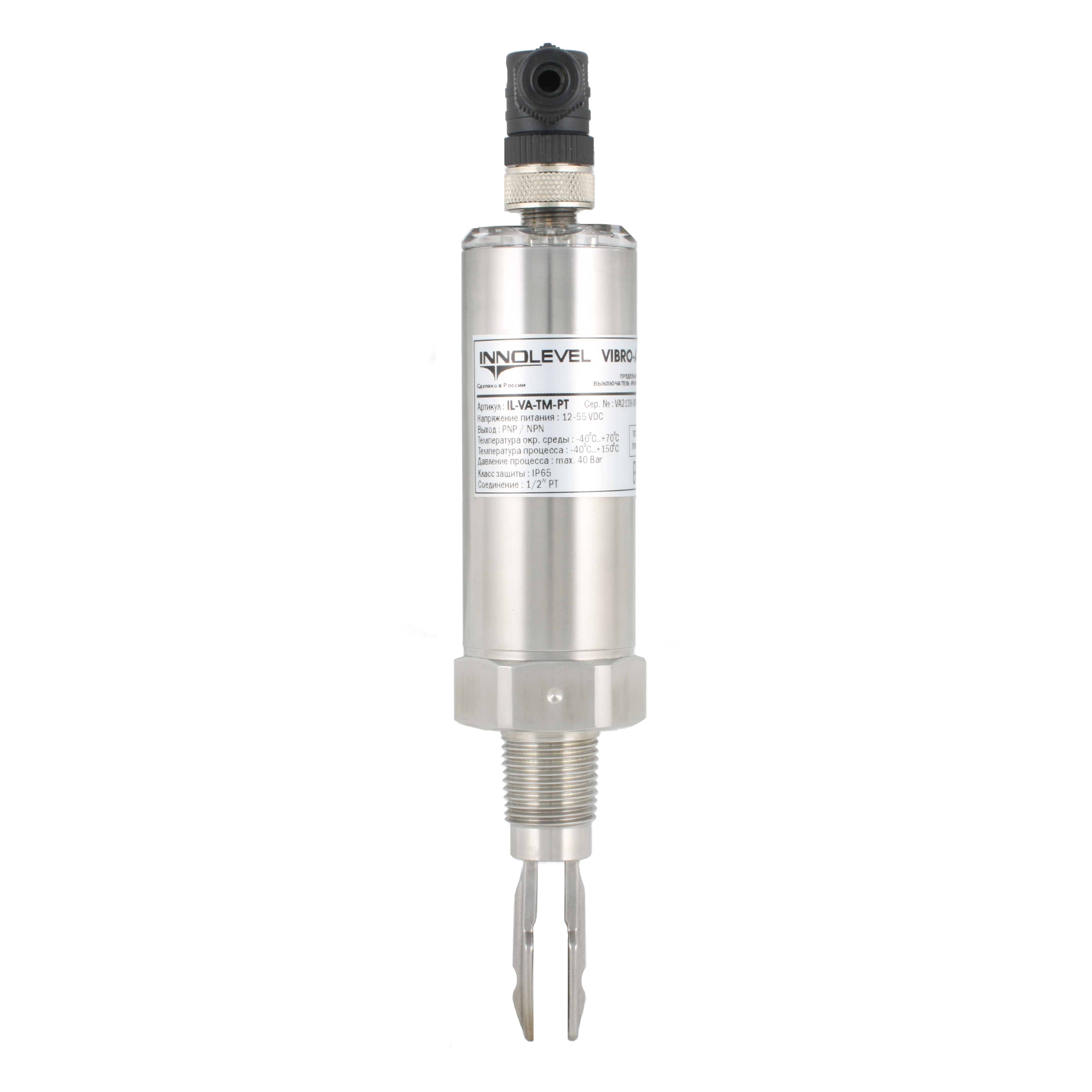 Вибрационный датчик уровня жидкостей INNOLEVEL, -40 +150°С, Pmax=40 bar, 12 - 55 VDC, IP65/67, соединение- резьба 1/2'' PT(коническая), удлинение 40 мм, нерж. сталь 316LP