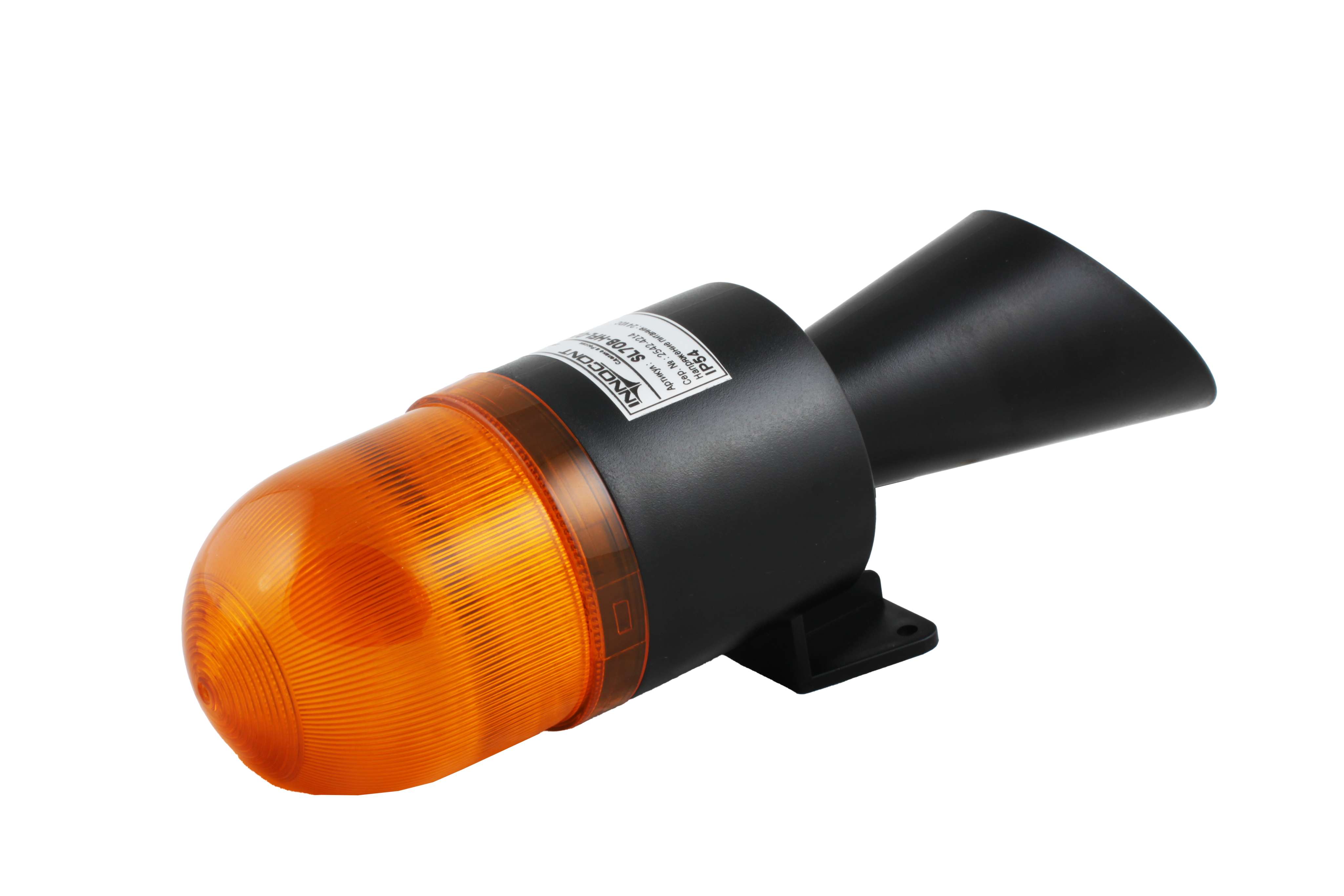 Светосигнальный маячок с усиленным звуком INNOCONT, диаметр основания 70мм, L=245мм, светодиод(мигающее), зуммер 100дБ, цвет: желтый, 220VAC, IP54. кабель 0,7м