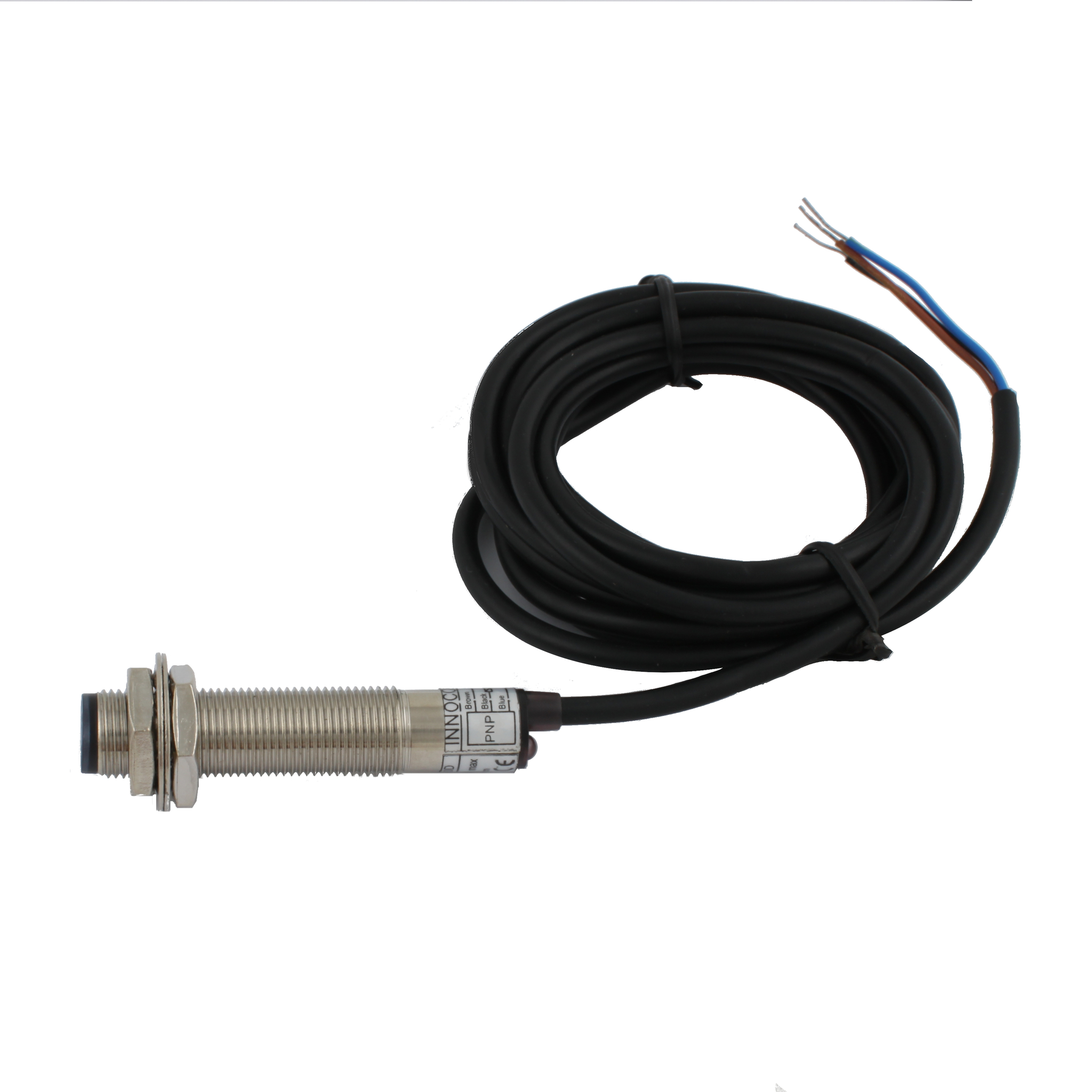 Фотодатчик диффузионный INNOCONT, М12x1, зона срабатывания до 10 см, -10 +60 С, 12…24 VDC, IP67, выход: PNP NO, макс. ток 200 мА, время реакции 3 мс, кабель 2 м PES-D12-PO10D