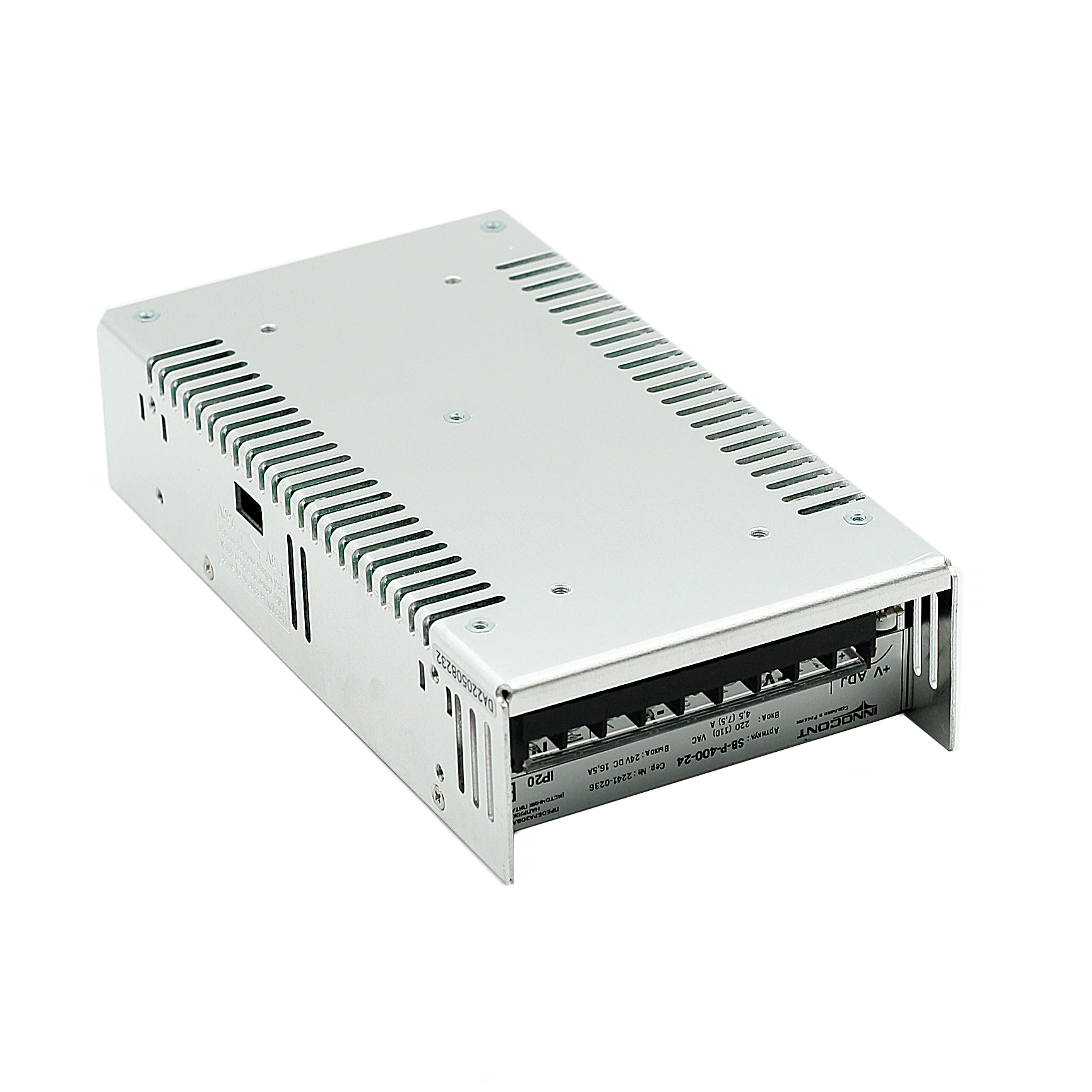 Источник питания INNOCONT. Вход: 220VAC, 4.5А, выход: 400W, 24VDC, 16.5A, -10 +50С, IP20,типы защиты: КЗ, перегрузка, перенапряжение SB-P-400-24