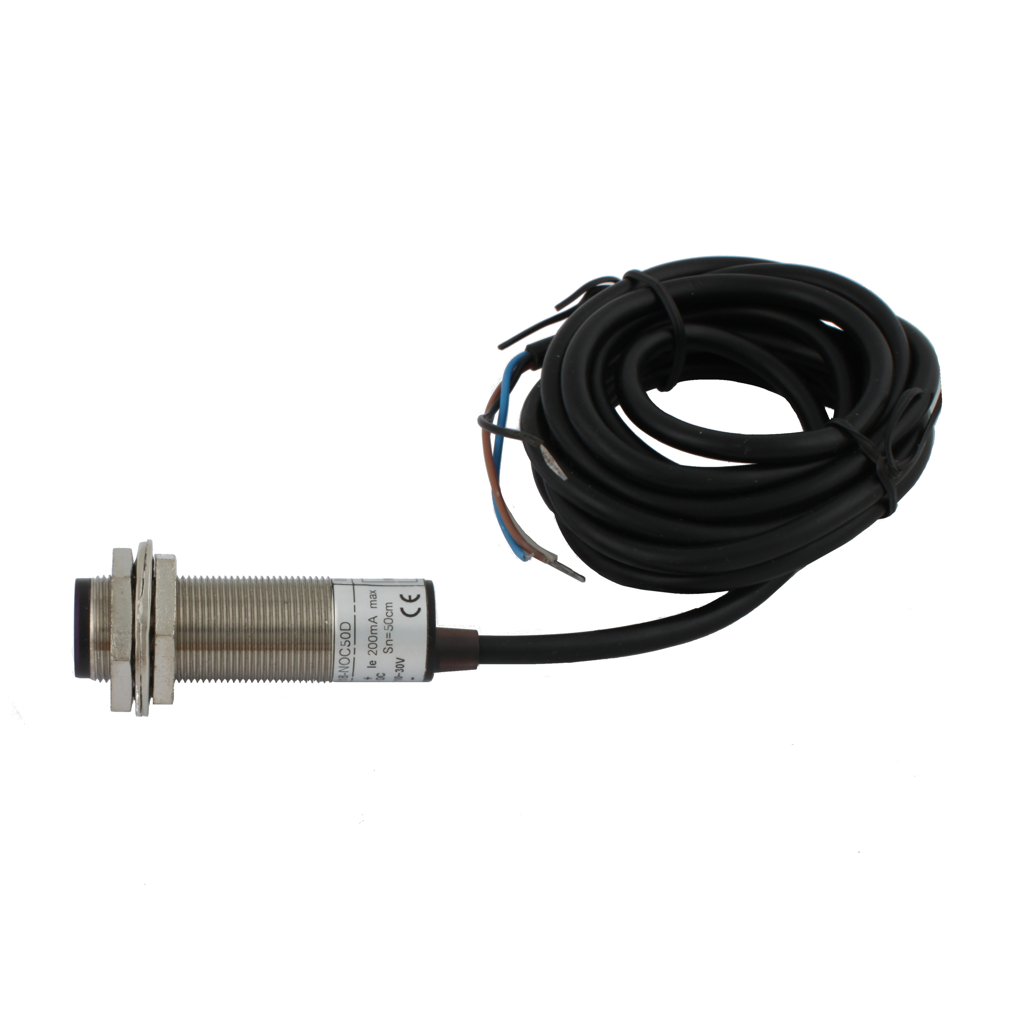 Фотодатчик диффузионный INNOCONT, М18x1, зона срабатывания до 50 см, -10 +60 С, 12…24 VDC, IP67, выход: NPN NO + NC, макс. ток 200 мА, время реакции 3 мс, кабель 2 м PES-D18-NOC50D (cable)