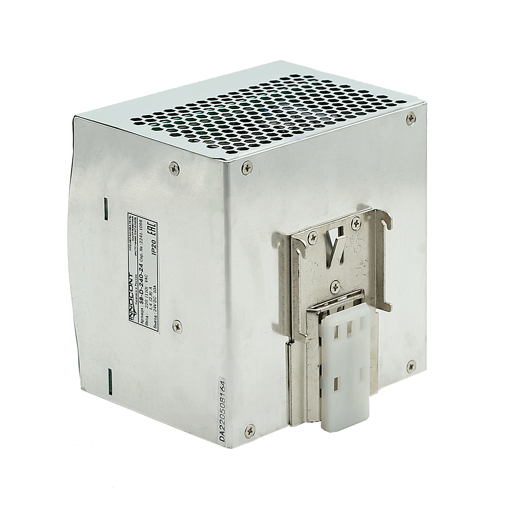 Источник питания INNOCONT. Вход: 220VAC, 1.4А, выход: 240W, 24VDC, 10A, -10 +50С, типы защиты: КЗ, перегрузка, перенапряжение SB-D-240-24